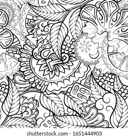 Tracery seamless pattern. Mehndi design. Ethnic monochrome binary doodle texture. Curved doodling black and white background. Vector