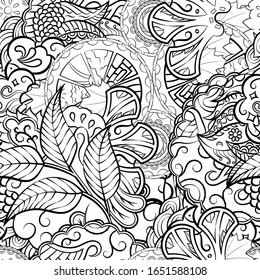 Tracery seamless pattern. Mehndi design. Ethnic monochrome binary doodle texture. Curved doodling black and white background. Vector