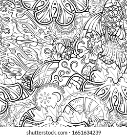Tracery seamless pattern. Mehndi design. Ethnic monochrome binary doodle texture. Curved doodling black and white background. Vector