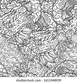 Tracery seamless pattern. Mehndi design. Ethnic monochrome binary doodle texture. Curved doodling black and white background. Vector