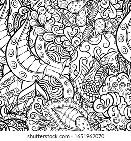 Tracery seamless pattern. Mehndi design. Ethnic monochrome binary doodle texture. Curved doodling black and white background. Vector