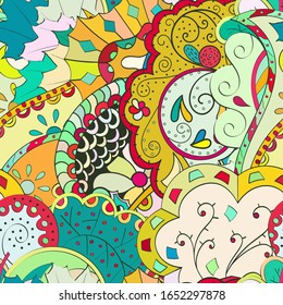 Tracery seamless pattern. Mehndi design. Ethnic colorful doodle texture. Curved doodling background. Vector