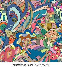 Tracery seamless pattern. Mehndi design. Ethnic colorful doodle texture. Curved doodling background. Vector