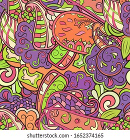 Tracery seamless pattern. Mehndi design. Ethnic colorful doodle texture. Curved doodling background. Vector