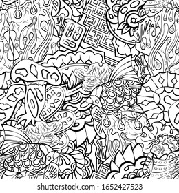 Tracery seamless pattern. Mehndi design. Ethnic monochrome binary doodle texture. Curved doodling black and white background. Vector