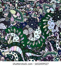 Tracery seamless pattern. Mehndi design. Ethnic colorful doodle texture. Curved doodling background. Vector