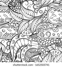 Tracery seamless pattern. Mehndi design. Ethnic monochrome binary doodle texture. Curved doodling black and white background. Vector