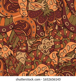 Tracery seamless pattern. Mehndi design. Ethnic colorful doodle texture. Curved doodling background. Vector