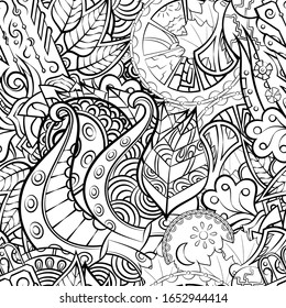 Tracery seamless pattern. Mehndi design. Ethnic monochrome binary doodle texture. Curved doodling black and white background. Vector
