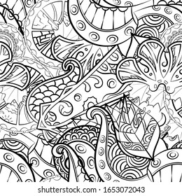 Tracery seamless pattern. Mehndi design. Ethnic monochrome binary doodle texture. Curved doodling black and white background. Vector