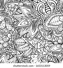 Tracery seamless pattern. Mehndi design. Ethnic monochrome binary doodle texture. Curved doodling black and white background. Vector