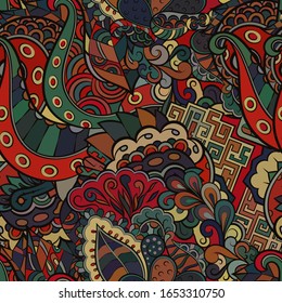 Tracery seamless pattern. Mehndi design. Ethnic colorful doodle texture. Curved doodling background. Vector