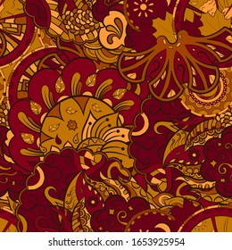 Tracery seamless pattern. Mehndi design. Ethnic colorful doodle texture. Curved doodling background. Vector