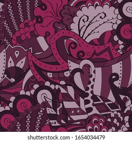 Tracery seamless pattern. Mehndi design. Ethnic colorful doodle texture. Curved doodling background. Vector