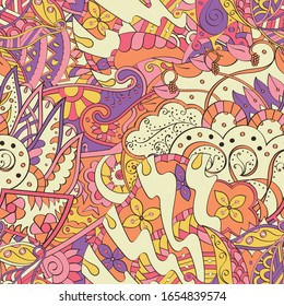 Tracery seamless pattern. Mehndi design. Ethnic colorful doodle texture. Curved doodling background. Vector