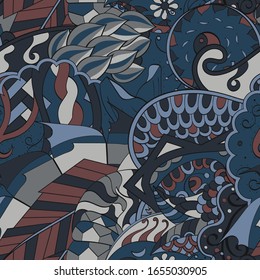 Tracery seamless pattern. Mehndi design. Ethnic colorful doodle texture. Curved doodling background. Vector