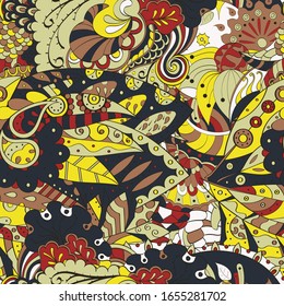 Tracery seamless pattern. Mehndi design. Ethnic colorful doodle texture. Curved doodling background. Vector