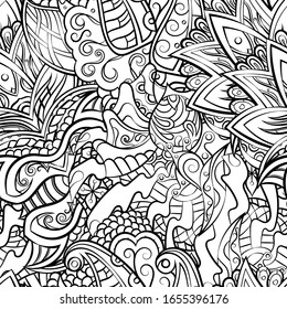 Tracery seamless pattern. Mehndi design. Ethnic monochrome binary doodle texture. Curved doodling black and white background. Vector