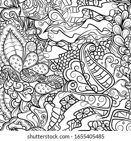 Tracery seamless pattern. Mehndi design. Ethnic monochrome binary doodle texture. Curved doodling black and white background. Vector