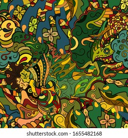 Tracery seamless pattern. Mehndi design. Ethnic colorful doodle texture. Curved doodling background. Vector