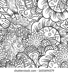 Tracery seamless pattern. Mehndi design. Ethnic monochrome binary doodle texture. Curved doodling black and white background. Vector