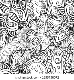 Tracery seamless pattern. Mehndi design. Ethnic monochrome binary doodle texture. Curved doodling black and white background. Vector