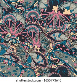 Tracery seamless pattern. Mehndi design. Ethnic colorful doodle texture. Curved doodling background. Vector