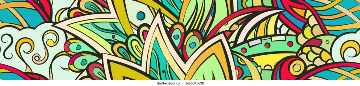 Tracery seamless pattern. Mehndi design. Ethnic colorful doodle texture. Curved doodling background. Vector