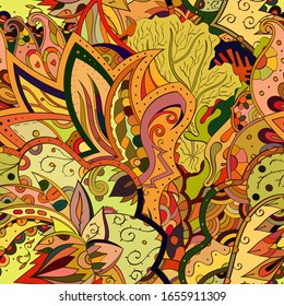 Tracery seamless pattern. Mehndi design. Ethnic colorful doodle texture. Curved doodling background. Vector