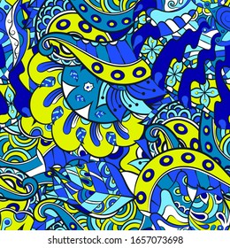 Tracery seamless pattern. Mehndi design. Ethnic colorful doodle texture. Curved doodling background. Vector