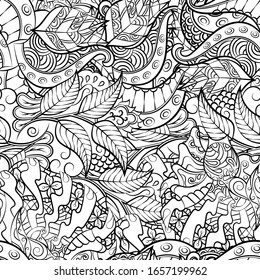 Tracery seamless pattern. Mehndi design. Ethnic monochrome binary doodle texture. Curved doodling black and white background. Vector