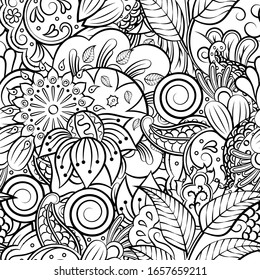 Tracery seamless pattern. Mehndi design. Ethnic monochrome binary doodle texture. Curved doodling black and white background. Vector