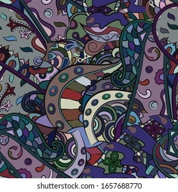 Tracery seamless pattern. Mehndi design. Ethnic colorful doodle texture. Curved doodling background. Vector