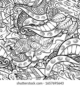 Tracery seamless pattern. Mehndi design. Ethnic monochrome binary doodle texture. Curved doodling black and white background. Vector