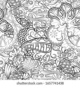 Tracery seamless pattern. Mehndi design. Ethnic monochrome binary doodle texture. Curved doodling black and white background. Vector