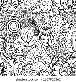Tracery seamless pattern. Mehndi design. Ethnic monochrome binary doodle texture. Curved doodling black and white background. Vector