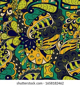 Tracery seamless pattern. Mehndi design. Ethnic colorful doodle texture. Curved doodling background. Vector