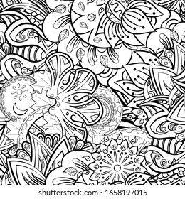 Tracery seamless pattern. Mehndi design. Ethnic monochrome binary doodle texture. Curved doodling black and white background. Vector