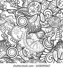 Tracery seamless pattern. Mehndi design. Ethnic monochrome binary doodle texture. Curved doodling black and white background. Vector