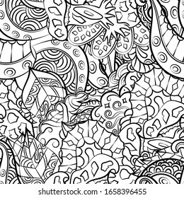 Tracery seamless pattern. Mehndi design. Ethnic monochrome binary doodle texture. Curved doodling black and white background. Vector