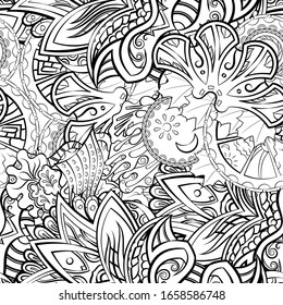 Tracery seamless pattern. Mehndi design. Ethnic monochrome binary doodle texture. Curved doodling black and white background. Vector
