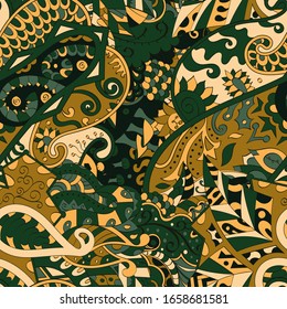 Tracery seamless pattern. Mehndi design. Ethnic colorful doodle texture. Curved doodling background. Vector