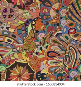 Tracery seamless pattern. Mehndi design. Ethnic colorful doodle texture. Curved doodling background. Vector