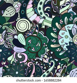 Tracery seamless pattern. Mehndi design. Ethnic colorful doodle texture. Curved doodling background. Vector