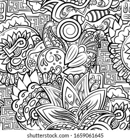 Tracery seamless pattern. Mehndi design. Ethnic monochrome binary doodle texture. Curved doodling black and white background. Vector