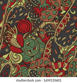 Tracery seamless pattern. Mehndi design. Ethnic colorful doodle texture. Curved doodling background. Vector