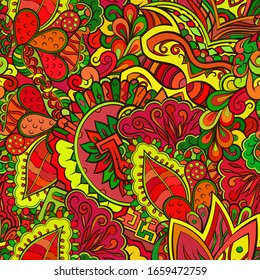 Tracery seamless pattern. Mehndi design. Ethnic colorful doodle texture. Curved doodling background. Vector