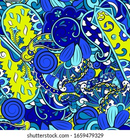 Tracery seamless pattern. Mehndi design. Ethnic colorful doodle texture. Curved doodling background. Vector