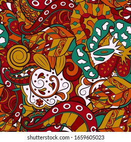 Tracery seamless pattern. Mehndi design. Ethnic colorful doodle texture. Curved doodling background. Vector