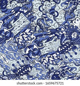 Tracery seamless pattern. Mehndi design. Ethnic colorful doodle texture. Curved doodling background. Vector